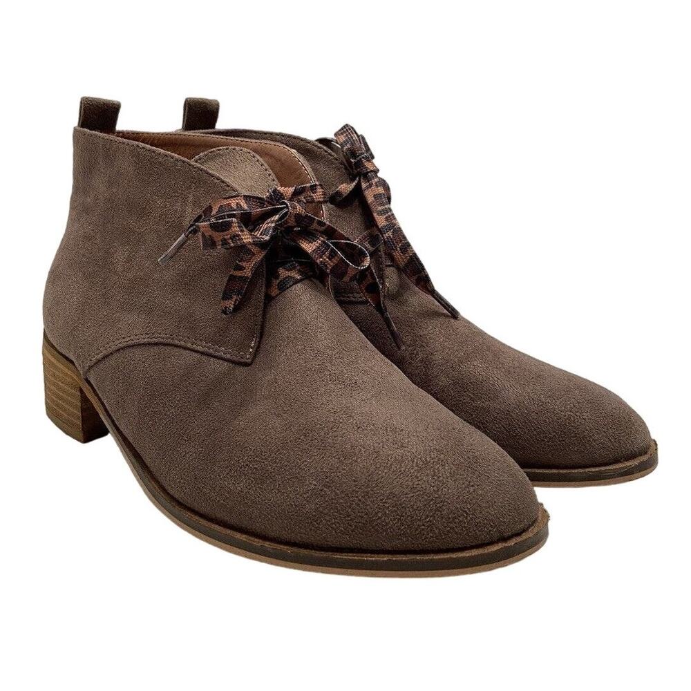 Hey Girl Corky’s Totes Ankle Booties Women’s 10 Taupe Faux Suede Leopard Lace Up